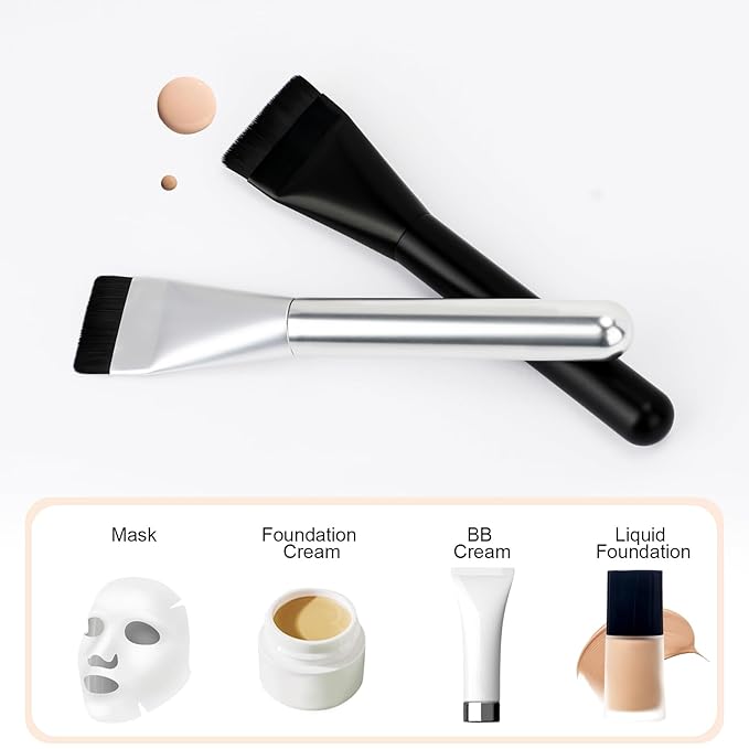 2Pcs Flat Foundation Brush,Face Mask Brush Makeup Spatula Facial Brush for Liquid Foundation Mask,Premium Face Korean Makeup Brush for Blending Cream (Silver&Silver)