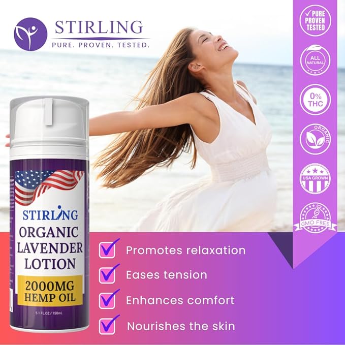 STIRLING Lavender Lotion β Organic Lavender with 2000mg Hemp Oil, Aloe Vera, and Vitamin E β Nourishing and Moisturizing Body Lotion for a Soft and Smooth Feel