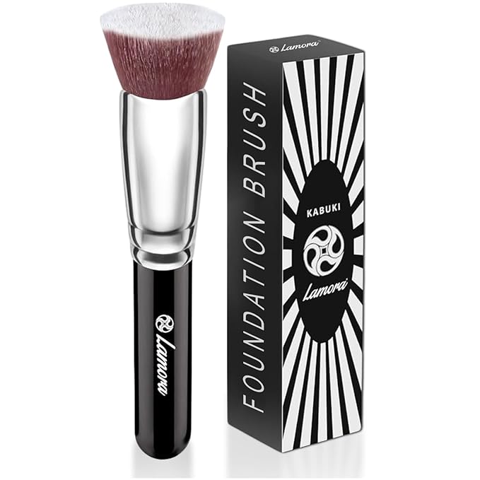LAMORA Foundation Brush for Liquid Makeup - Kabuki Face Brush for Cream, Powder, Blush, and Concealer - Flat Top Blending, Buffing, Stippling Brush