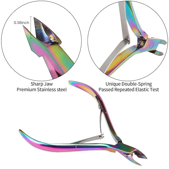 Cuticle Trimmer with Cuticle Pusher and Cutter,YINYIN Cuticle Remover Cutter Nipper Clippers Durable Pedicure Manicure Tools for Fingernails and Toenails(Rainbow)
