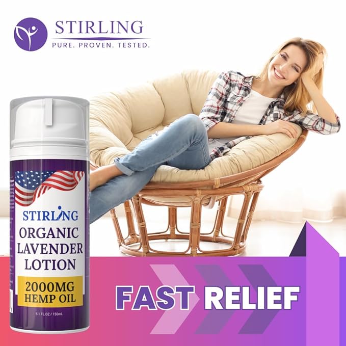 STIRLING Lavender Lotion β Organic Lavender with 2000mg Hemp Oil, Aloe Vera, and Vitamin E β Nourishing and Moisturizing Body Lotion for a Soft and Smooth Feel