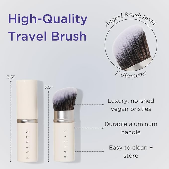 HALEYS Retractable Face Brush, VEGAN Dense, Angled Bristles & Adjustable Sleeve, Portable Makeup Brush for Quick, Easy Streak-Free Blending of Liquids, Creams, Powders, Travel-friendly Mess-Free Cap