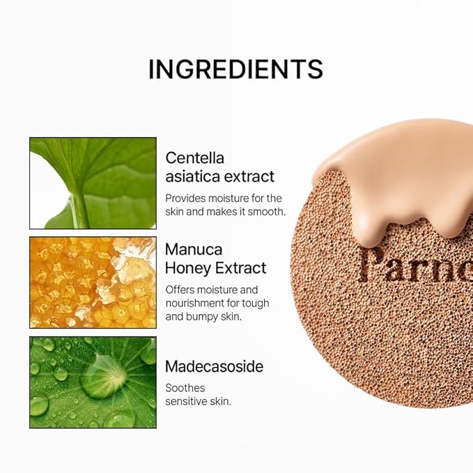 Parnell Cicamanu Serum Cushion - Moisturizing Foundation for Soothing, Coverage, Glass Skin and Lightweight for Sensitive and Dry Skin Pearl Skin (0.52 Fl Oz) (21N)