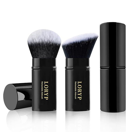 LORYP Retractable Makeup Brush Black Kabuki Foundation Brush for liquid Cream and Powder Makeup 2 Pack Travel Makeup Brush Set