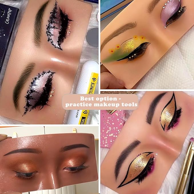 Silicone Makeup Mannequin Face, Makeup Practice Face Board for Makeup Artist Supplies, Mannequin Face for Makeup Practice with Makeup Brushes Rhinestones Sticker(Black)