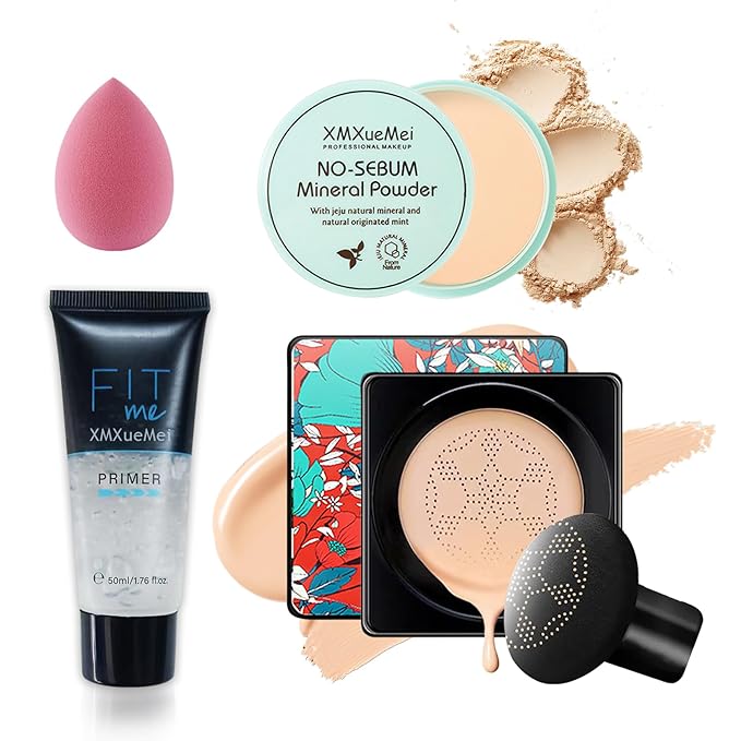 Air Cushion CC Cream Mushroom Head Foundation,Waterproof Long Lasting Loose Setting Powder,Moisturizing BB Cream Liquid Foundation Makeup Primer Concealer Base with Makeup Sponge(4PCS)