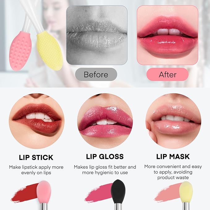 Unaone Lip Scrub Brush - 3 PCS Dual-ended Lip Scrubber Exfoliator and Silicone Lip Brush, 2-in-1 Silicone Lip Scrub Tool Lip Mask Applicator, Gentle Exfoliator & Applicator for Soft