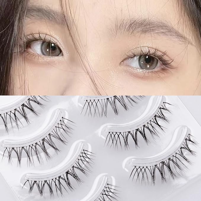 Miz Barn Daily Natural Look False Eyelashes, 4 Pairs Soft Lightweight Comfortable Short Lashes Clear Band Handmade False Eyelashes (W-7)