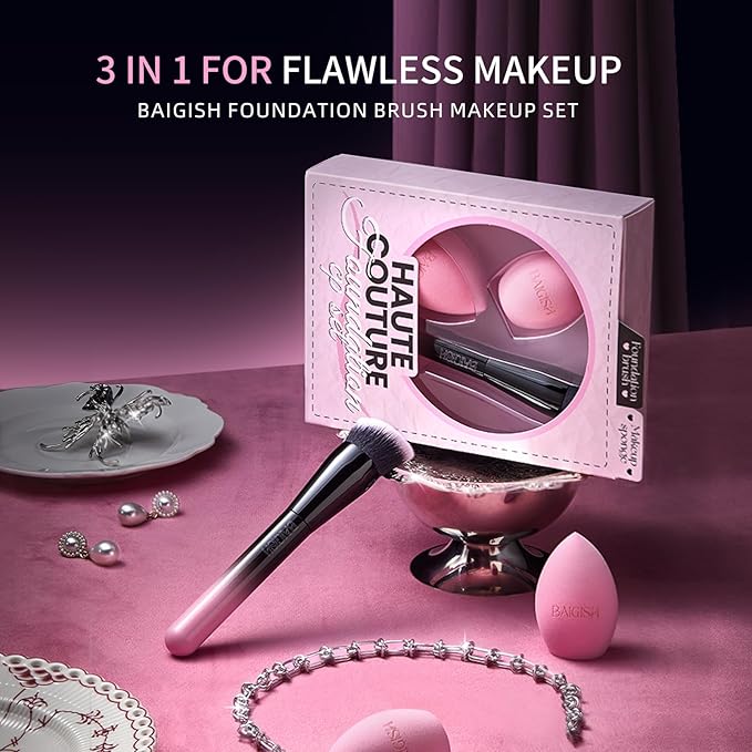 Makeup Brush Set, Flat Top Kabuki Brush Premium Foundation Brush for Liquid, Cream, and Powder with 2 Makeup Sponge for Foundation, Powder, Blush, and Concealer