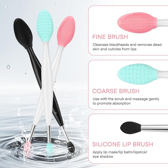 Unaone Lip Scrub Brush - 3 PCS Dual-ended Lip Scrubber Exfoliator and Silicone Lip Brush, 2-in-1 Silicone Lip Scrub Tool Lip Mask Applicator, Gentle Exfoliator & Applicator for Soft