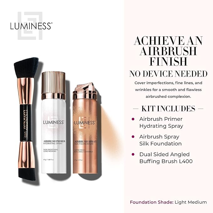 LUMINESS Airbrush Spray Silk Foundation Starter Kit - Light Medium - Foundation, Primer & Dual-Sided Angled Buffing Brush - Medium, Buildable Coverage, Anti-Aging Formula Hydrates & Moisturizes