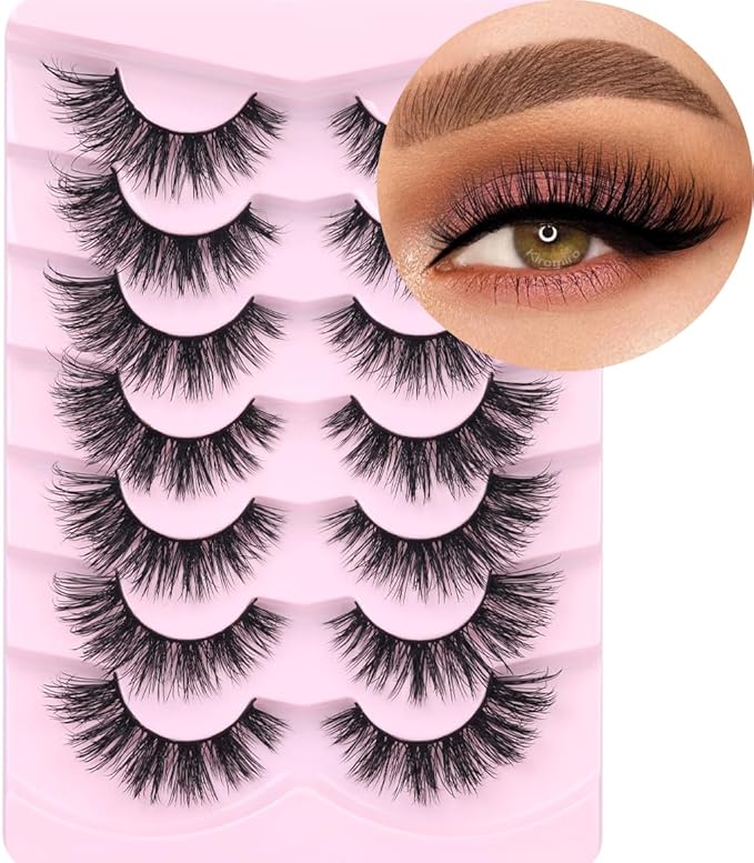 Mink Lashes False Eyelashes Natural Look Wispy Cat Eye Flat Lashes 3D Mink Lashes Natural Fake Lashes 18mm Strip Lashes Pack 7 Pairs