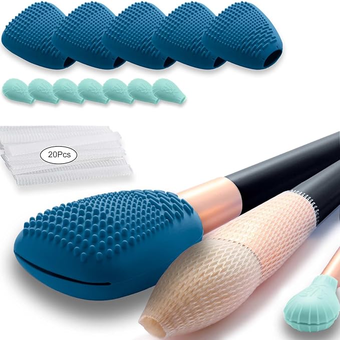 Silicone Travel Make-up Brush Holder with Cleaner Mat Pad, Organizer Case Covers for Foundation Eye Lip Brushes Storage Cleaning, Gift for Women Girl-friend Mother Wife, 5-Pcs Large + 7 Small, Blue
