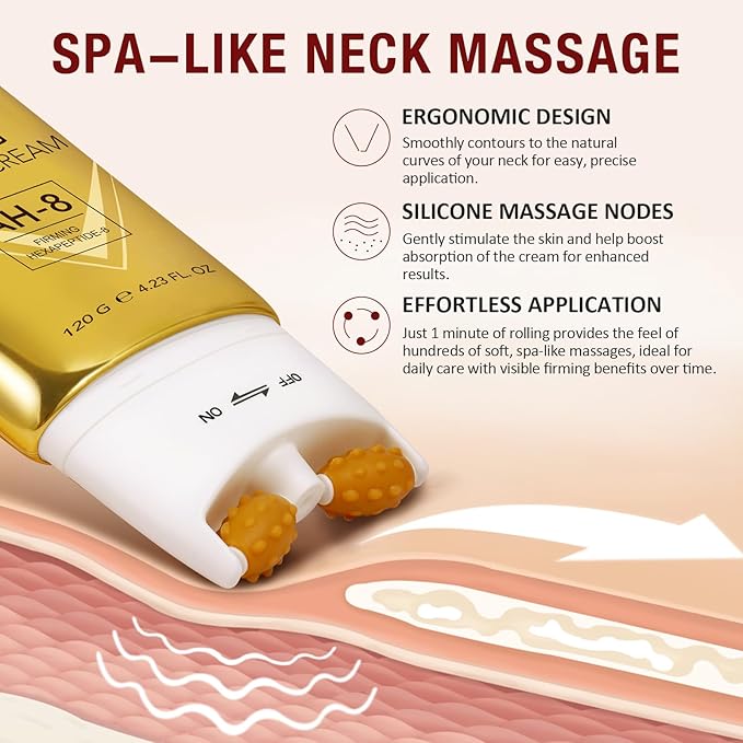AH-8 Firming Neck Cream with Roller - Anti-Aging Moisturizer for Neck & Chest - Lifts, Tightens, Deeply Hydrates, Reduces Fine Lines & Wrinkles - For Crepey, Sagging Skin - 4.23 fl.oz