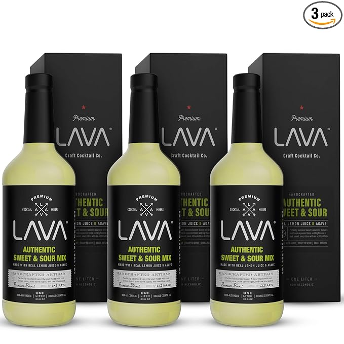 (3 Pack) LAVA Premium Authentic Sweet & Sour Mix, Made with Real Lemon Juice, Lime Juice, Raw Blue Agave, No Artificial Sweeteners. Whiskey Sour, Long Island Iced Tea, Lemon Drop. 33.8oz Glass Bottles
