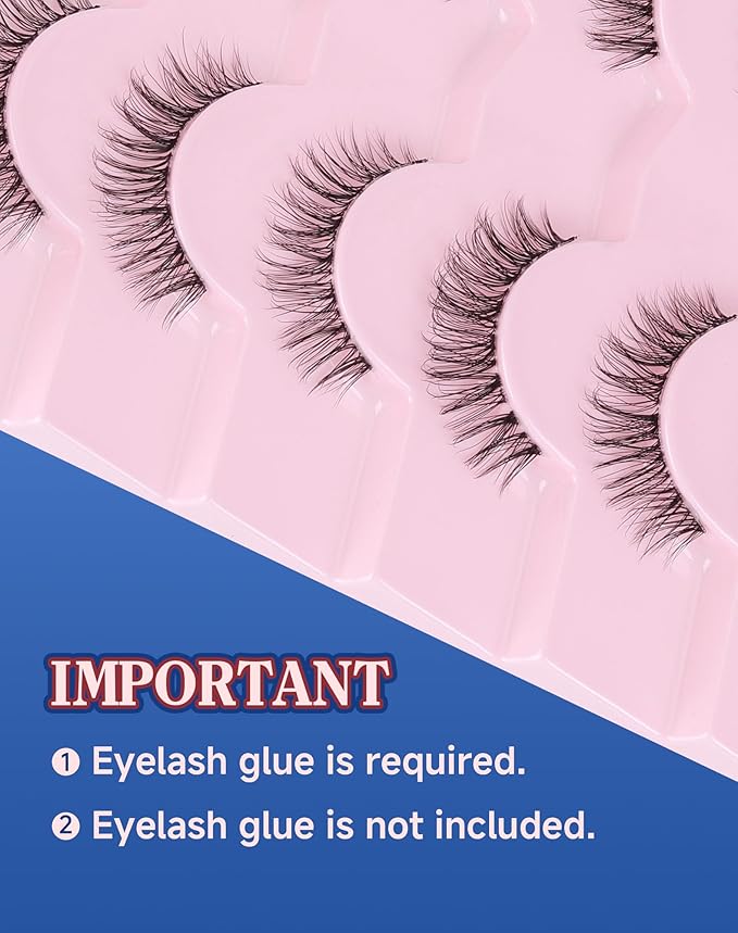 Clear Band Lashes Short Everyday Wispy False Eyelashes Natural Look Flared Strip Eyelash Small Lash Soft Fluffy Pack 7 Pairs SF-06