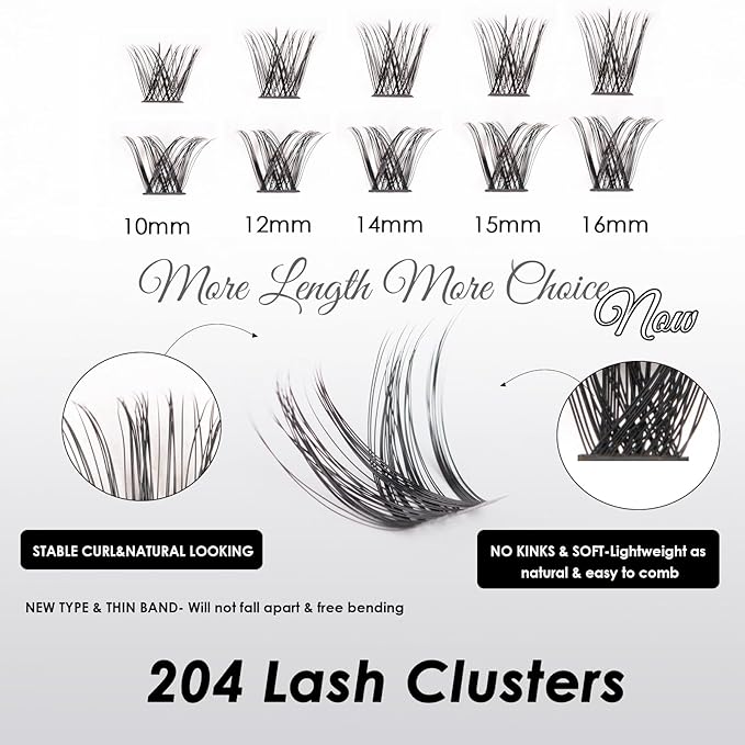 Lash Clusters 204 Pcs Individual Lashes Clusters Eyelash Extensions False Eyelashes DIY Lash Extension Kit Reusable False Eyelashes Natural Look Mix 10-16mm C D Curl(DM01+DM17)