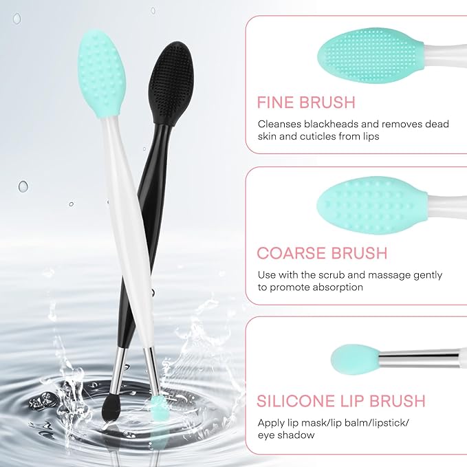 Unaone Lip Scrub Brush - 3 PCS Dual-ended Lip Scrubber Exfoliator and Silicone Lip Brush, 3-in-1 Silicone Lip Scrub Tool Lip Mask Applicator, Gentle Exfoliator & Applicator for Soft