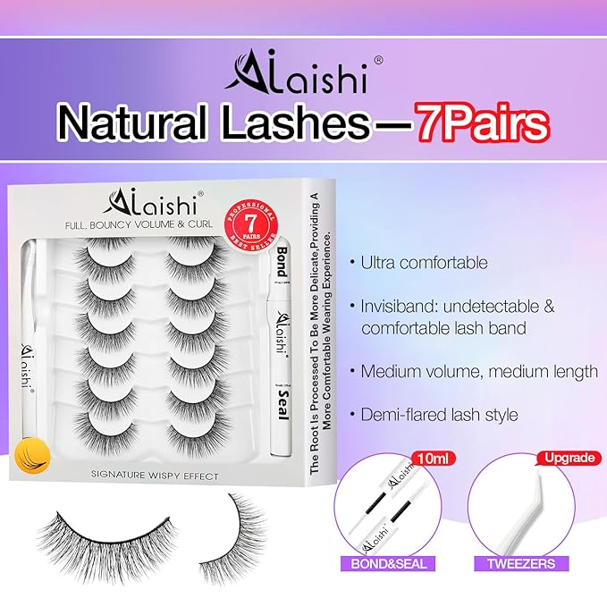 Wispy False Eyelashes Kit With Bond, Seal and Tweezer, 7 Pairs Natural Look Fake Cat Eye Lashes Strips Thin Band Extensions Waterproof Easy Eyelashes for Beginners RQ46
