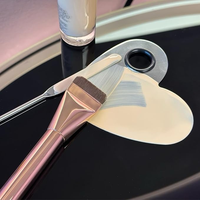 Makeup Brush Set - Flat Foundation Brush, Blender Sponge, Face Spatula, Puff & Heart-Shaped Mixing Palette with Leather Case – Complete Face Makeup Tool Kit for Blending, Foundation & Application