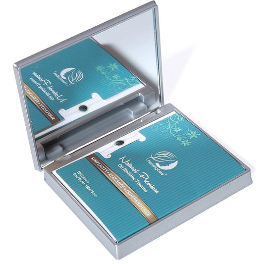 Makeup Mirror with Facial Oil Blotting Paper Sheets - Bamboo Charcoal 100 Counts, Silver Compact Folding Cosmetic Travel Mirror