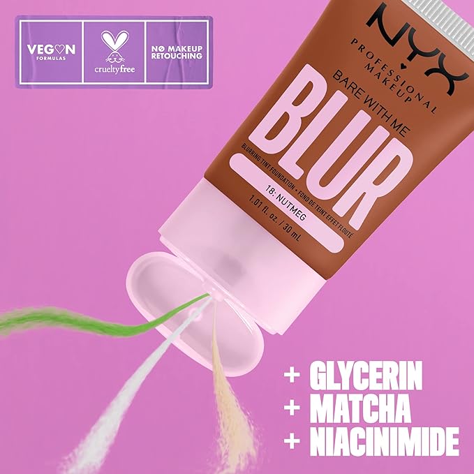 NYX PROFESSIONAL MAKEUP Bare With Me Blur Skin Tint Foundation Make Up with Matcha, Glycerin & Niacinamide - Nutmeg