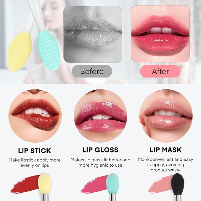 Unaone Lip Scrub Brush - 3 PCS Dual-ended Lip Scrubber Exfoliator and Silicone Lip Brush, 2-in-1 Silicone Lip Scrub Tool Lip Mask Applicator, Gentle Exfoliator & Applicator for Soft