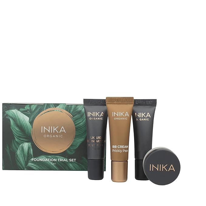 INIKA Organic Foundation Trial Set, Natural Mineral essentials kit, Vegan, Cruelty-Free, Paraben-Free, Rich in Antioxidants and Essential Fatty Acids, Comes in Sustainable Packaging - Tan