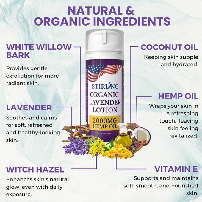 STIRLING Lavender Lotion β Organic Lavender with 2000mg Hemp Oil, Aloe Vera, and Vitamin E β Nourishing and Moisturizing Body Lotion for a Soft and Smooth Feel