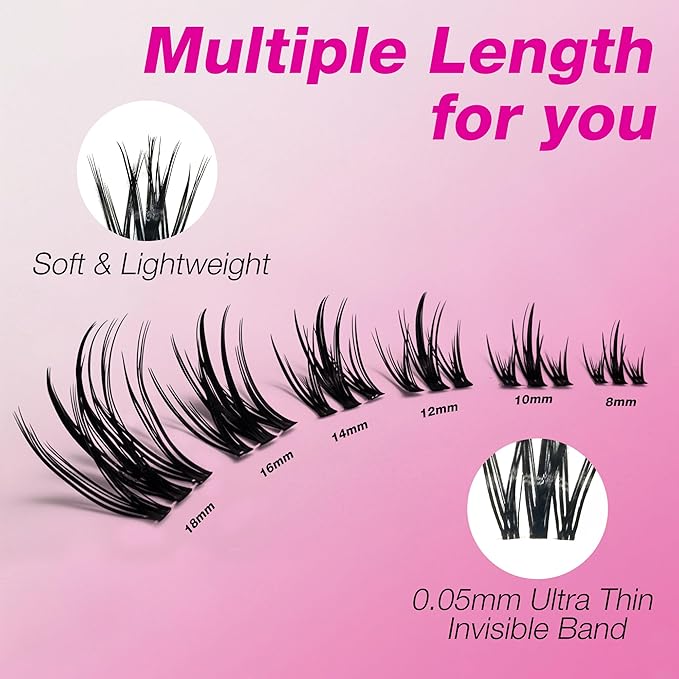 VEYESBEAUTY Lash Clusters Eyelash Extensions Thin & Invisible Band DIY Individual False Eyelashes Newbie's Five-Second Series Wispy Lash Tray for Self-application, Camellia Lashes 8-18mm Mixed Length
