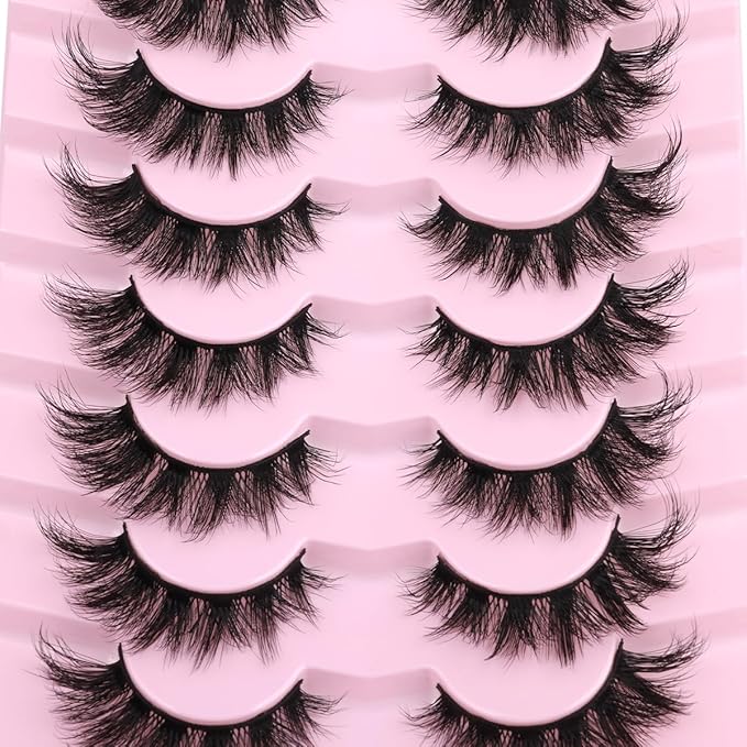 Mink Lashes False Eyelashes Wispy 3D Volume Cat Eye Faux Mink Eyelashes Natural Look 18mm Strip Eyelashes Pack 7 Pairs by Kiromiro
