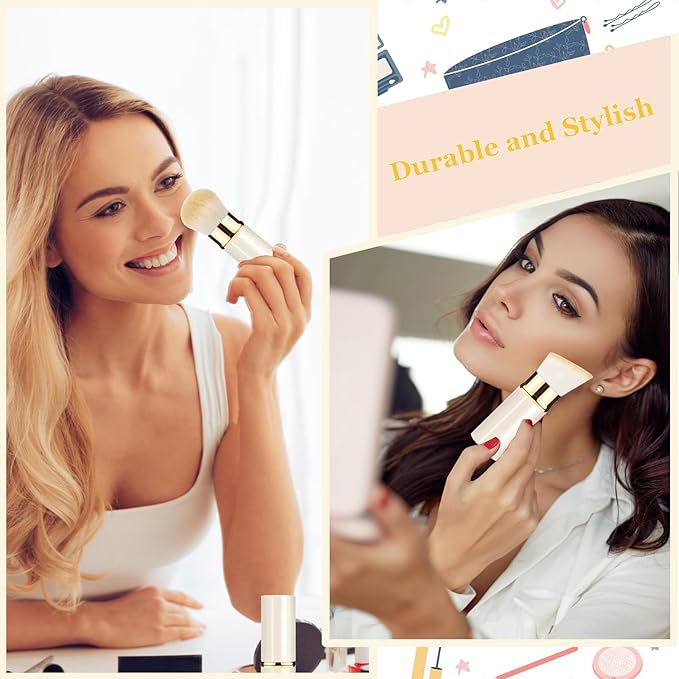 Makeup Brush, Retractable 2 Pack Travel Kabuki Powder Makeup Brush, Foundation Face Blush Brushes for Blending Liquid, Blush, Bronzer, Buffing, Sunscreen,Flawless Cosmetics