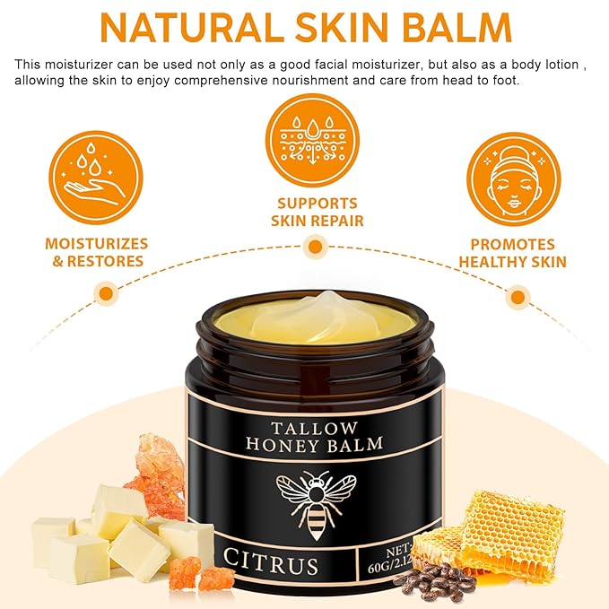 Tallow Honey Balm for Face Organic,Crema Cebo De Res Original,Handmade Tallow and Honey Balm for Face,Body,Sebo De Res Para La Cara,Based Supplies Tallow and Ho ney Bal m for Smooth Skin (2 Bottle)
