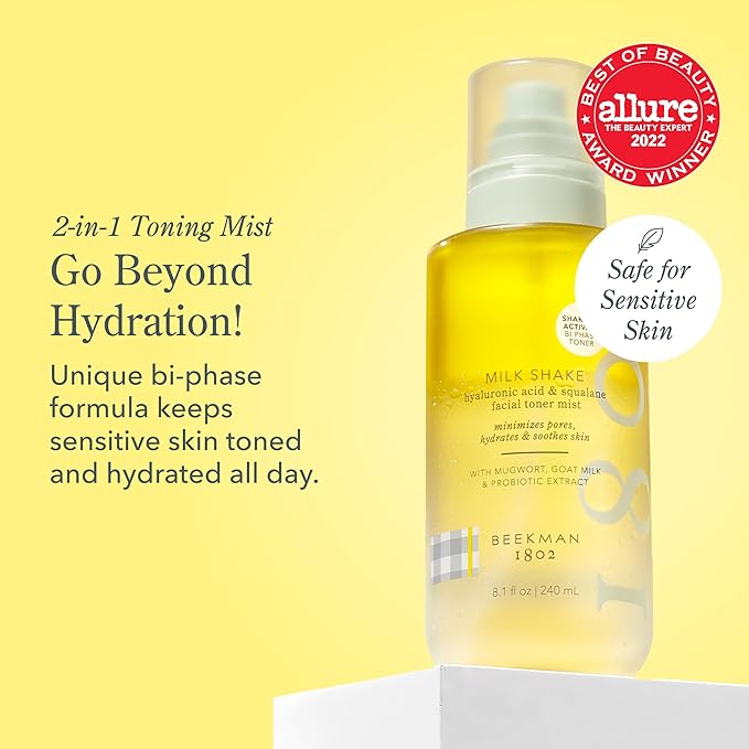 Beekman 1802 Milk Shake Hydrating Face Mist - Hyaluronic Acid & Squalane Facial Mist Minimizes Pores & Gently Moisturizes - Makeup Setting Spray - Fragrance-Free