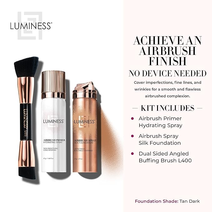 LUMINESS Airbrush Spray Silk Foundation Starter Kit - Tan Dark - Foundation, Primer & Dual-Sided Angled Buffing Brush - Medium, Buildable Coverage, Anti-Aging Formula Hydrates & Moisturizes