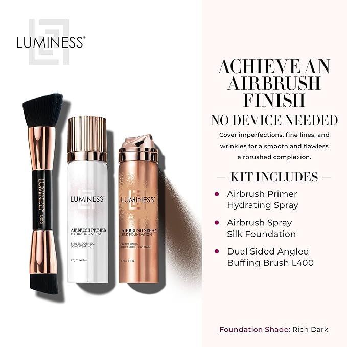 LUMINESS Airbrush Spray Silk Foundation Starter Kit - Rich Dark - Foundation, Primer & Dual-Sided Angled Buffing Brush - Medium, Buildable Coverage, Anti-Aging Formula Hydrates & Moisturizes