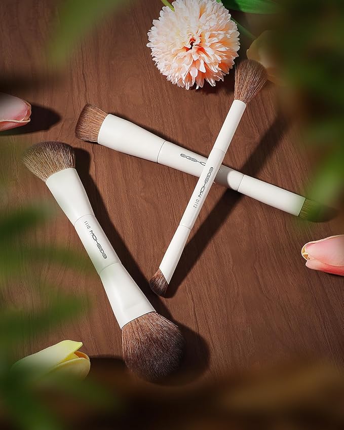 EIGSHOW Makeup Brush Set, 3Pcs Double Ended Face Makeup Brushes for Foundation Powder Contour Highlight Concealer Nose Shadow, Travel Gift Set (Beige)