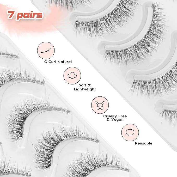 Natural Lashes Wispy Eyelashes 11MM Short Eye Lashes Pack 3D Volume Strip Lash Pack False Eyelashes Natural Look 7 Pair Siligli
