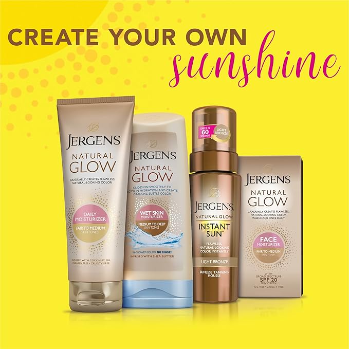 Jergens Natural Glow Face Self Tanner Body Lotion with SPF 20, Fair to Medium Skin Tone, Sunless Tanning, Daily Facial Sunscreen, Oil Free, Broad Spectrum UVA and UVB Protection, 2 Oz