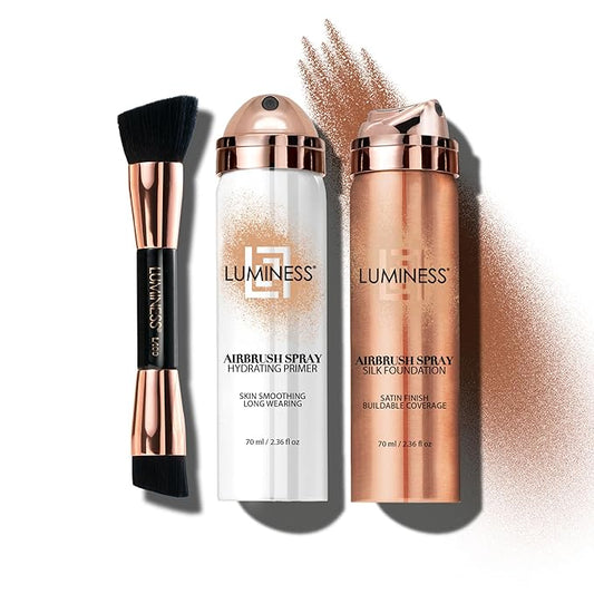 LUMINESS Airbrush Spray Silk Foundation Starter Kit - Deep - Foundation, Primer & Dual-Sided Angled Buffing Brush - Medium, Buildable Coverage, Anti-Aging Formula Hydrates & Moisturizes