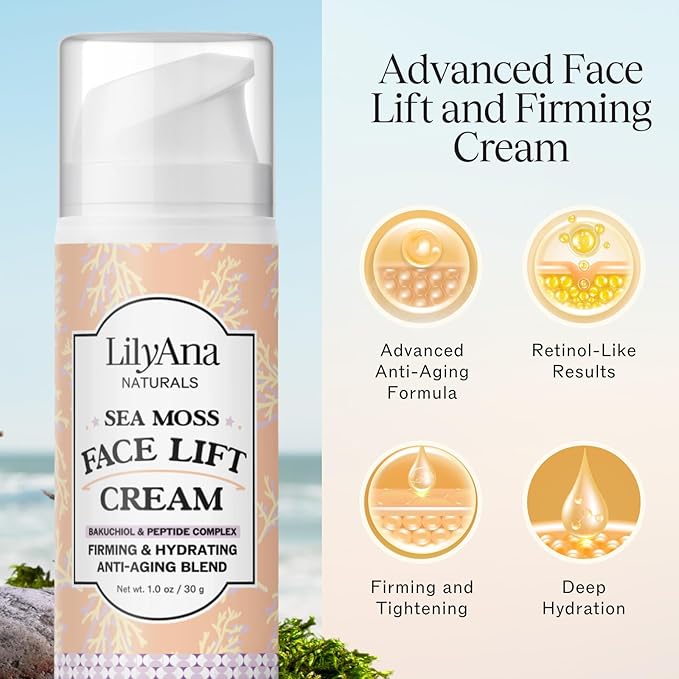 LilyAna Naturals Bakuchiol Face Lift Cream with Sea Moss and Peptide Complex - Face Cream for Women - Moisturizing and Lifting Facial Cream - Anti-Aging Overnight Moisturizer - Made in the USA - 1 oz
