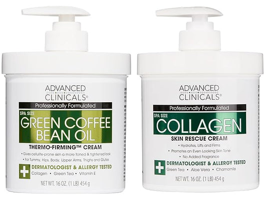 Advanced Clinicals Unscented Collagen Body Cream & Face Moisturizer + Green Coffee Bean Oil Thermo - Firming Body Cream For Women & Men Helps Reduce Appearance Of Cellulite Prone Skin & Dry Skin, 2pc