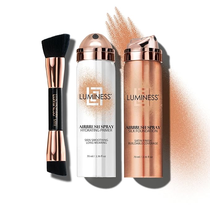 LUMINESS Airbrush Spray Silk Foundation Starter Kit - Warm - Foundation, Primer & Dual-Sided Angled Buffing Brush - Medium, Buildable Coverage, Anti-Aging Formula Hydrates & Moisturizes