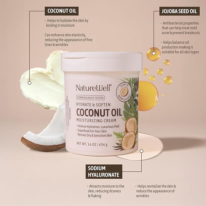 NATURE WELL Hydrate & Soften Coconut Oil Moisturizing Cream for Face, Body, & Hands, Non-Greasy, Intense Hydration & Luxurious Feel, Revives Dry & Sensitive Skin, Superfood for Your Skin, 16 Oz
