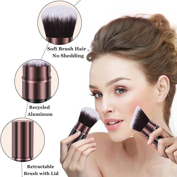 Retractable Makeup Brush, Travel Kabuki Powder Makeup Brush 2 Pack, Foundation Face Blush Brushes for Blending Liquid, Blush, Bronzer, Buffing, Sunscreen,Flawless Cosmetics