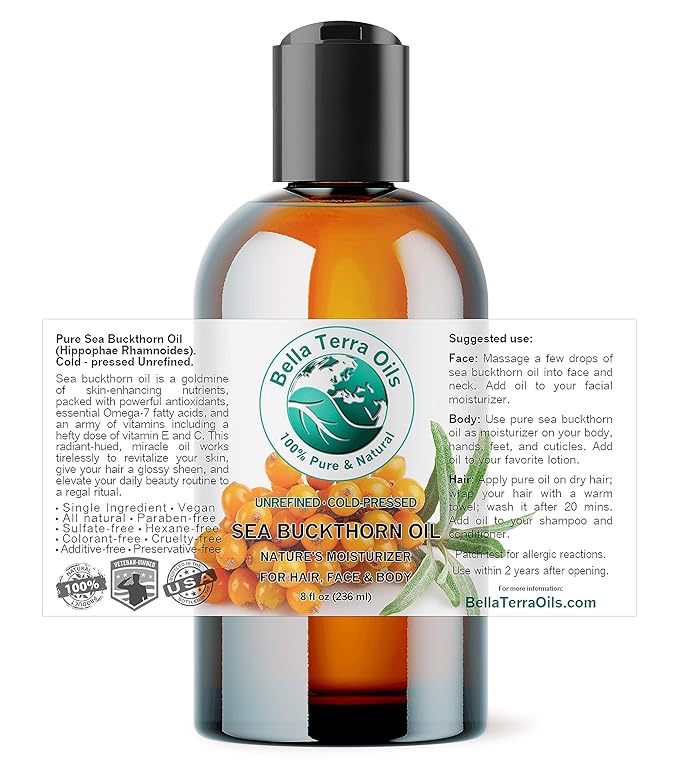 Bella Terra Oils - Sea Buckthorn Oil 8 oz - The Ultimate Elixir from Nature's Bounty, Rich in Flavonoids & Essential Fatty Acids, Gilded Luxe for Your Face