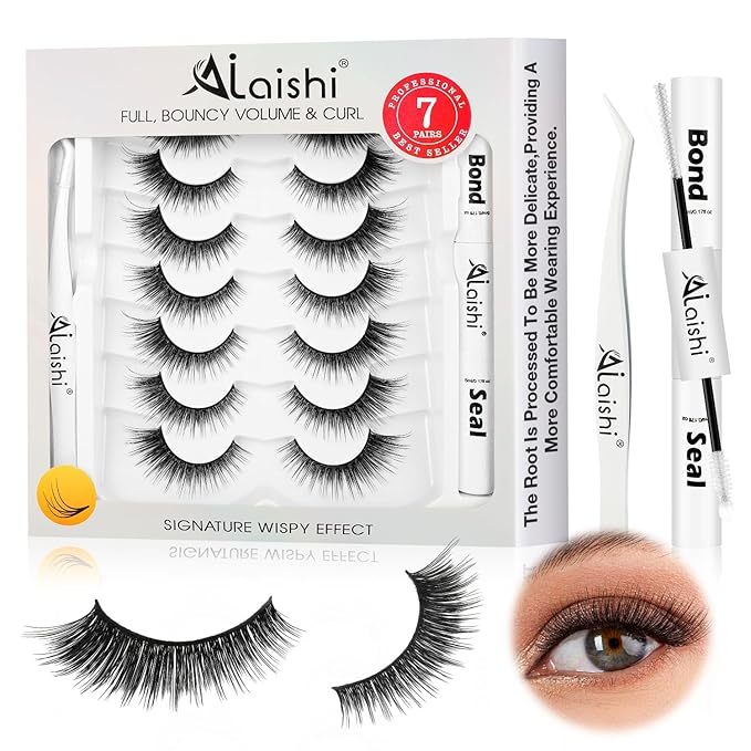 Wispy False Eyelashes Kit With Bond, Seal and Tweezer, 7 Pairs Natural Look Fake Cat Eye Lashes Strips Thin Band Extensions Waterproof Easy Eyelashes for Beginners RQ10