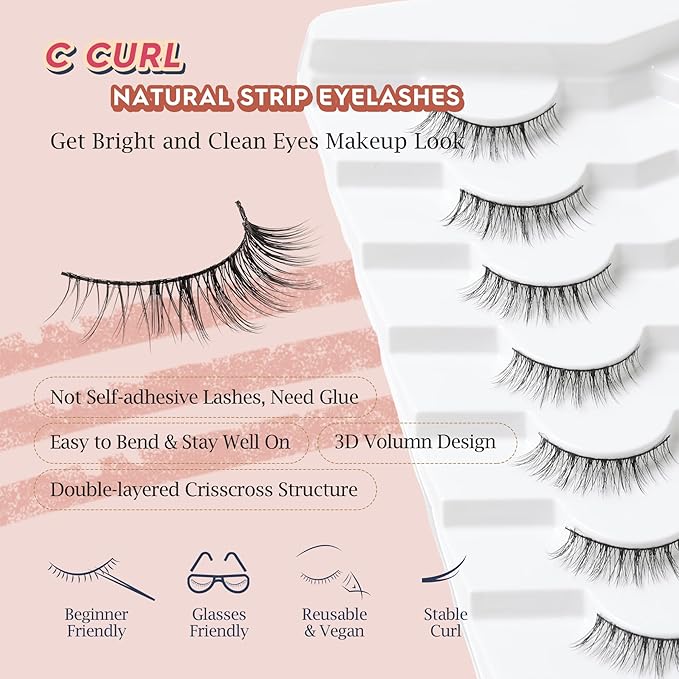 Natural Lashes Wispy Eyelashes Natural Look Short Lashes Pack 12mm Eyelashes C Curl False Lashes Thinner Band 3D Volume Fake Eyelashes 7 Pair Siligli