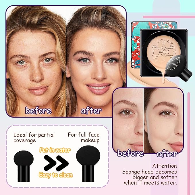 Air Cushion CC Cream Mushroom Head Foundation,Waterproof Long Lasting Loose Setting Powder,Moisturizing BB Cream Liquid Foundation Makeup Primer Concealer Base with Makeup Sponge(4PCS)