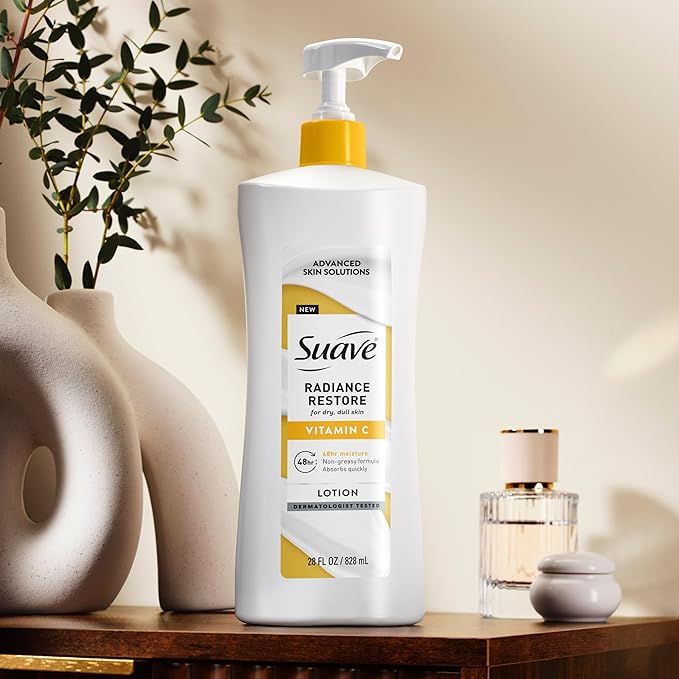 Suave Radiance Restore Hand & Body Lotion For Women With Vitamin C, Brighten & Hydrate Dry, Dull Skin, Non Greasy, Moisturizing Cream Evens Skin Tone, Allergen Free, 28 FL OZ Pump, 4 Pack